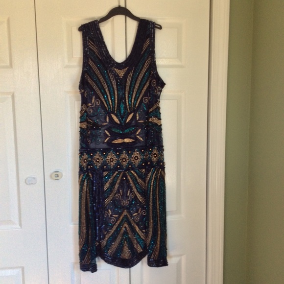 UNIQUE VINTAGE NWT peacock blue flapper dress 2x - Picture 7 of 9
